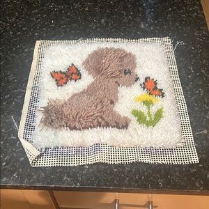 Vintage Cute Puppy and Butterfly Latch Hook wall hanging